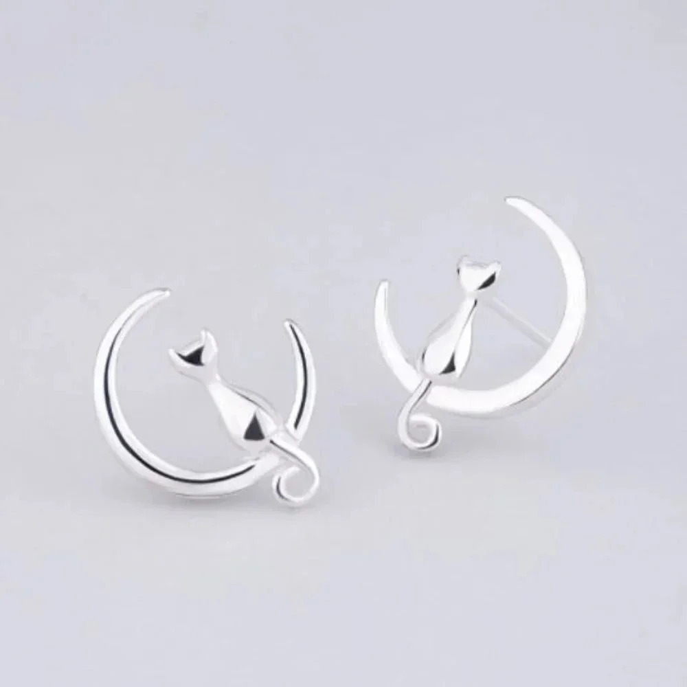 925 Sterling Silver Cat Moon Stud Earrings